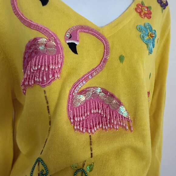 Vintage Jack B. Quick Flamingo Sweater | 90s Novelty Knit | Beaded | Size L - Picture 8 of 10